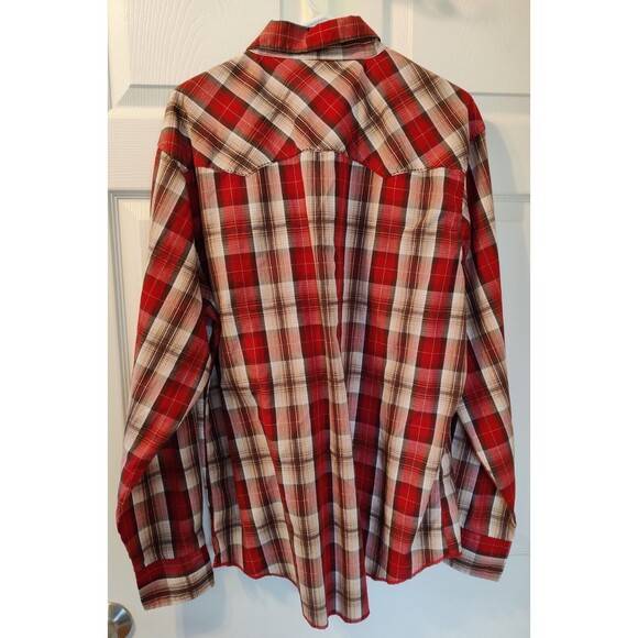 Vintage Men's Wrangler Red Tan Plaid Pearl Snap Long Sleeve Shirt - XL - Picture 6 of 10